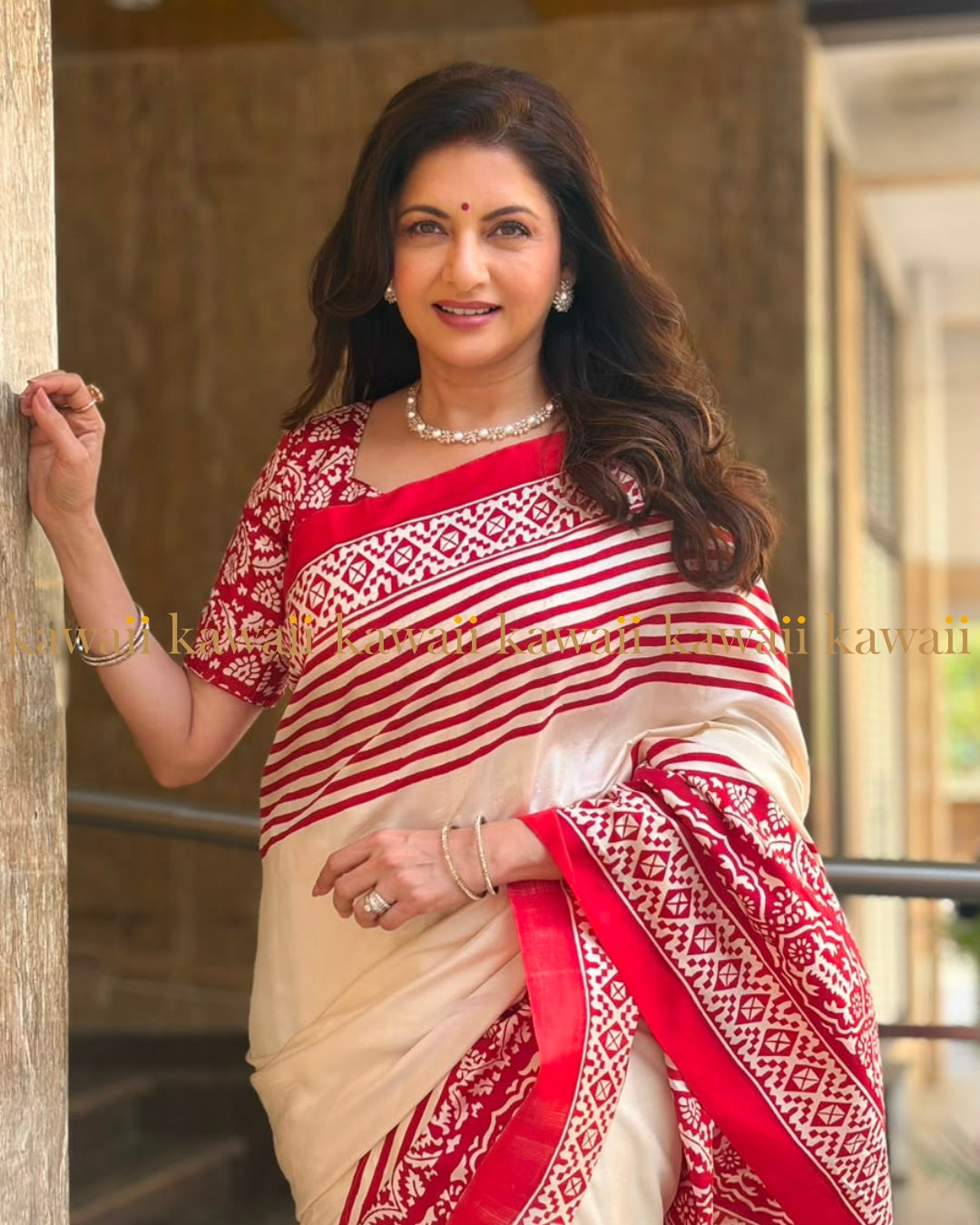 Elegant Kawaii tussar silk saree in cream with red block print and stylish striped borders