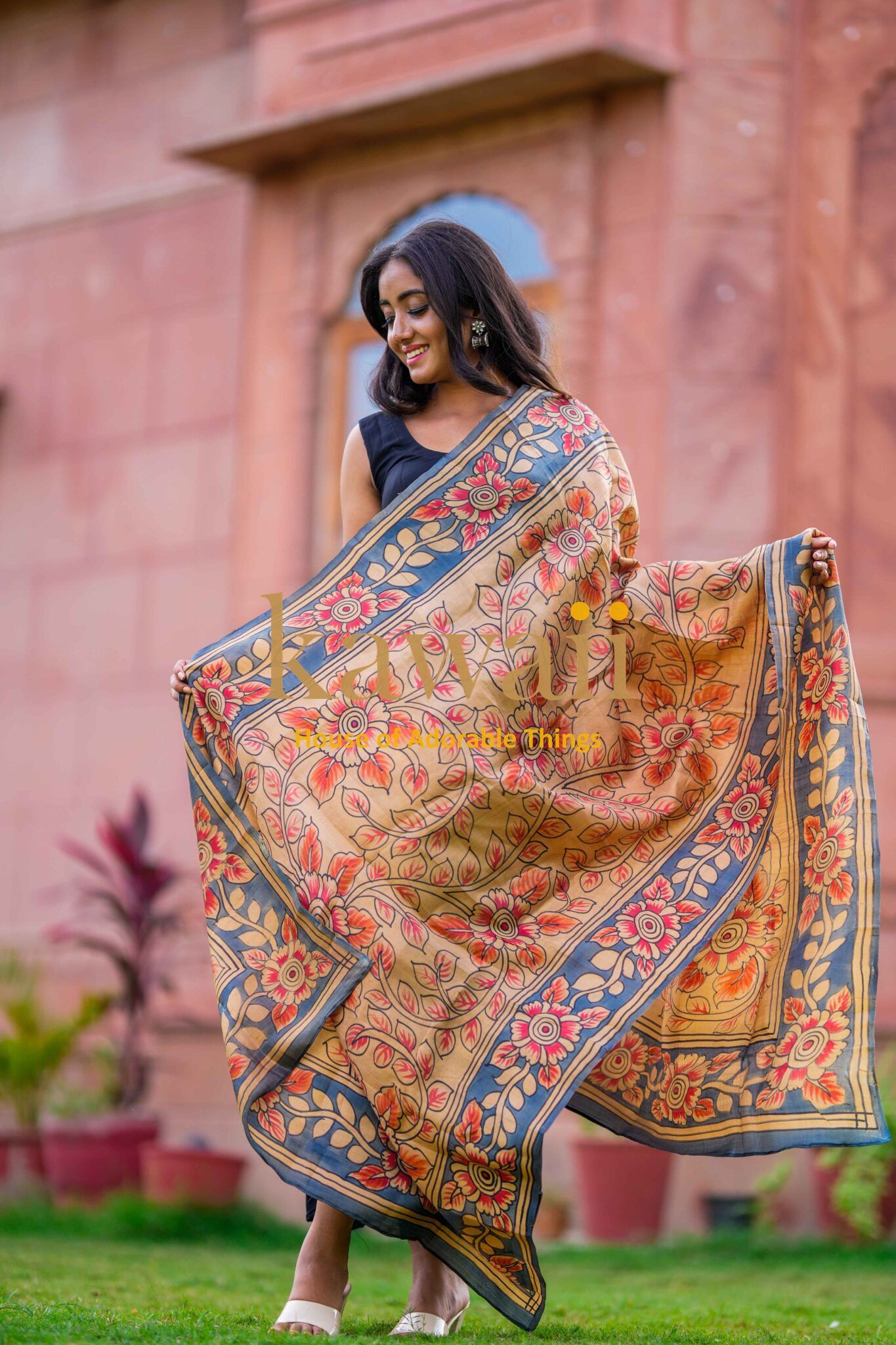 Sunahri Kalamkari Design Dupatta on Pure Silk