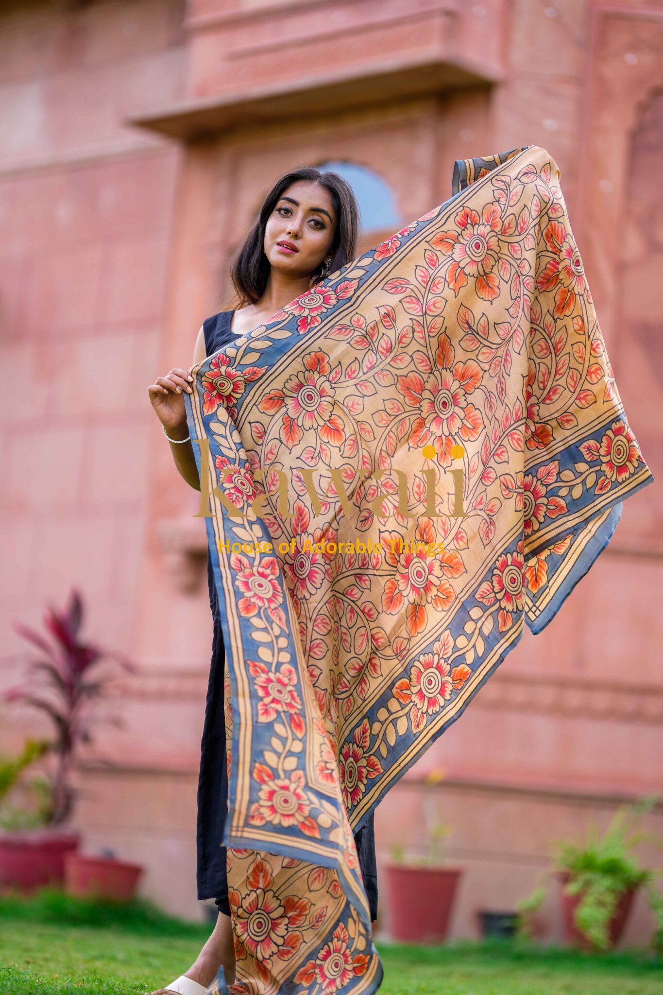 Sunahri Kalamkari Design Dupatta on Pure Silk