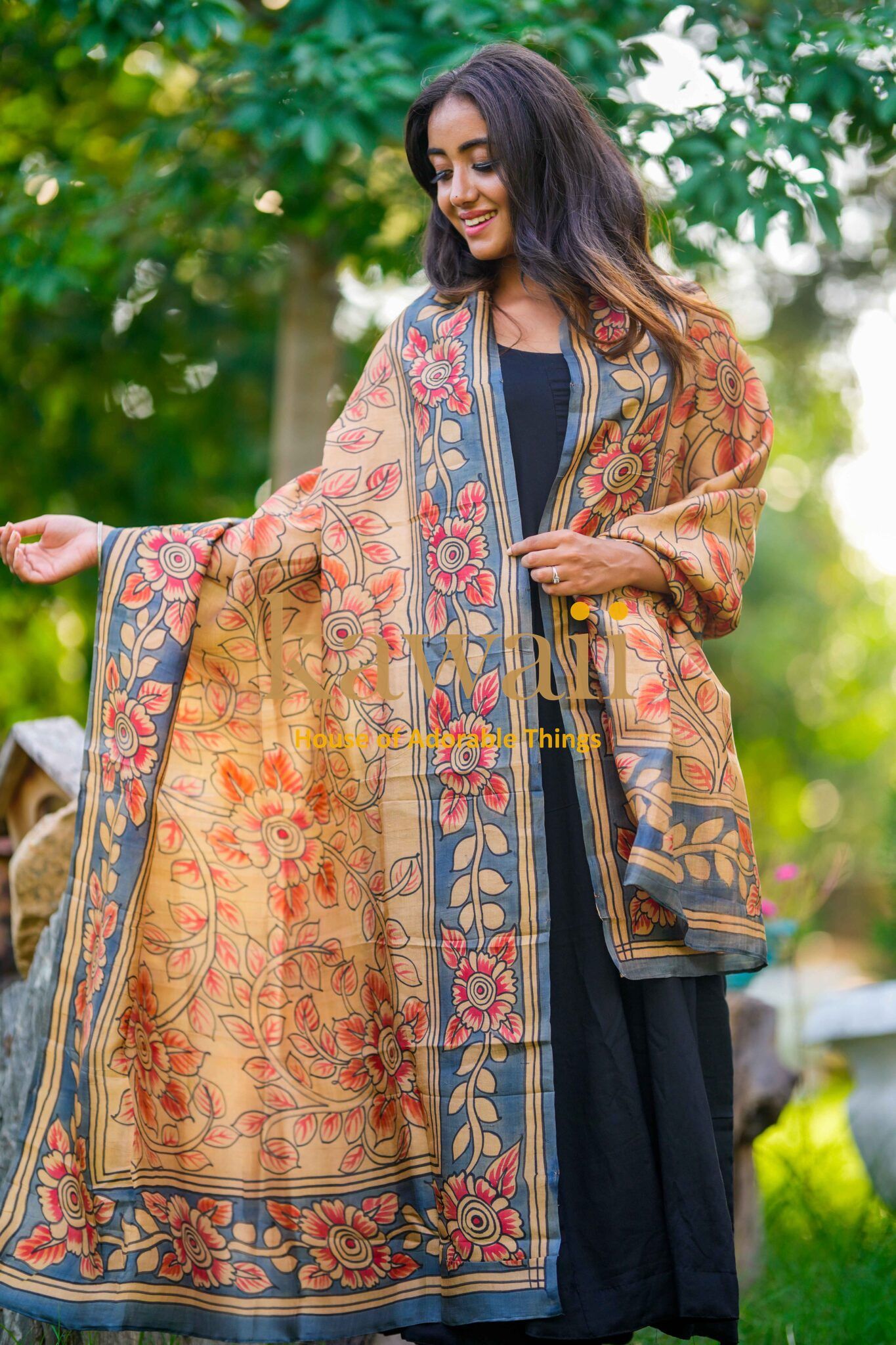 Sunahri Kalamkari Design Dupatta on Pure Silk